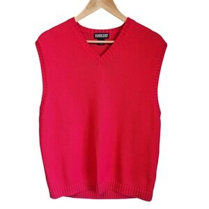 Lands' End Sweater Vest Mens‎ L Red Cotton Knit V Neck Pullover Preppy Old Money